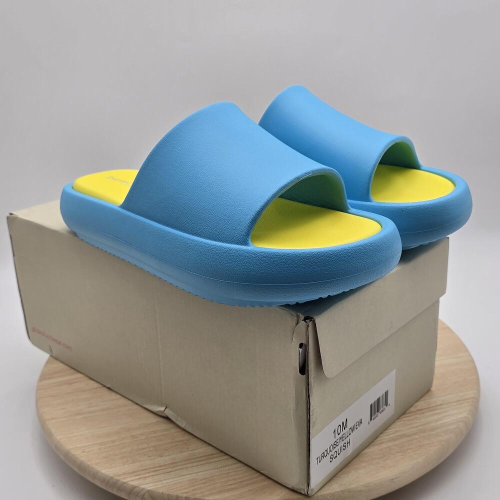 J/Slides Squish Beach Slide Sandals Mens Size 10 Blue Yellow Slip On Shoes New